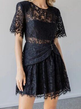 SELF-PORTRAIT Fine Cord Short Sleeve Lace Mini Dress Black Bandeau Lined Size 2
